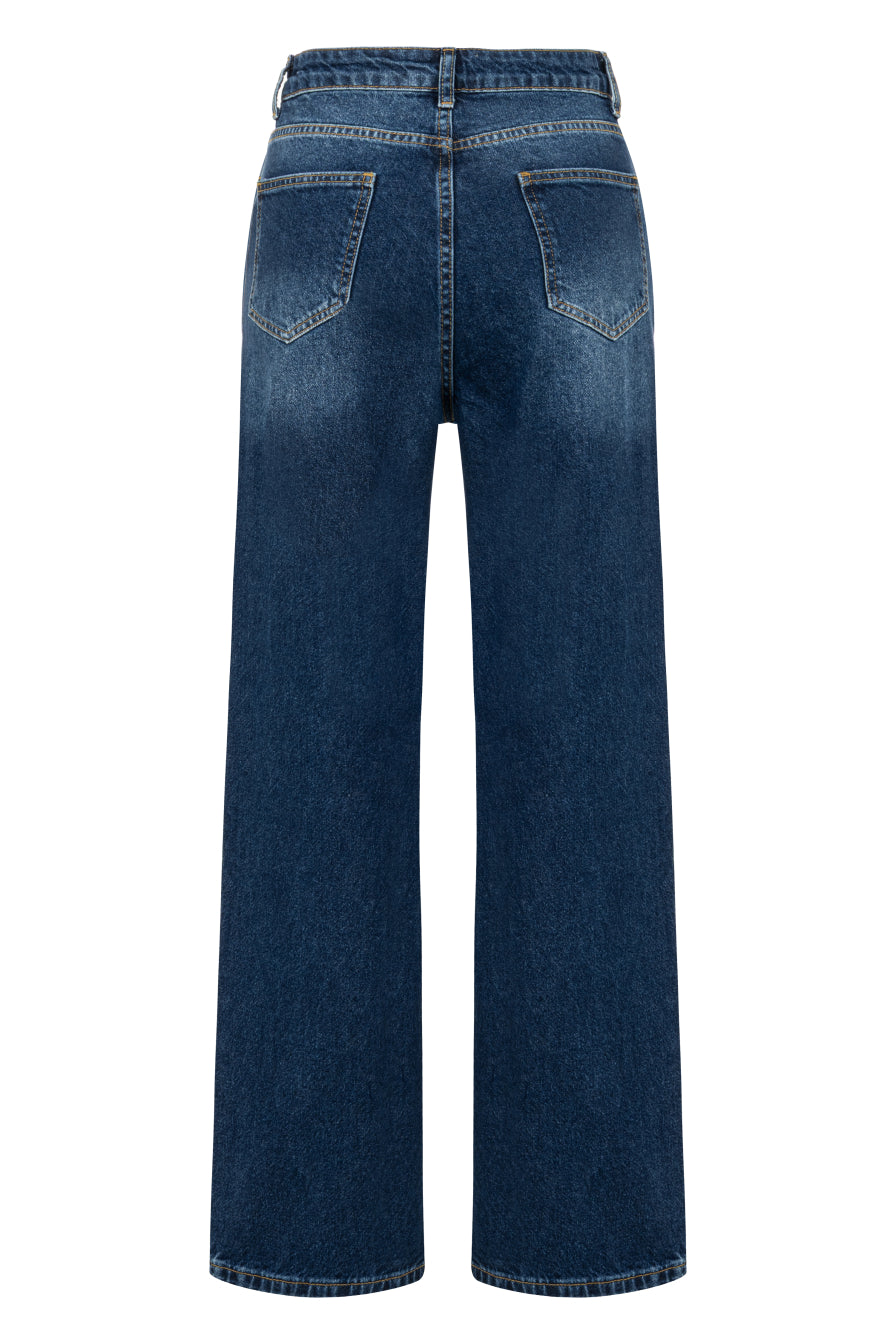 Yüksek Bel Taşlanmış Lacivert Denim Pantolon