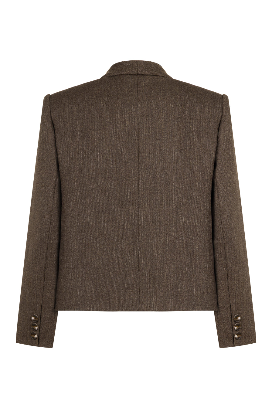 Kahverengi Cep Detaylı Crop Yünlü Ceket