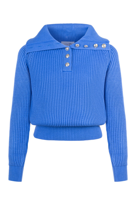 Düğme Detaylı Mavi Kazak