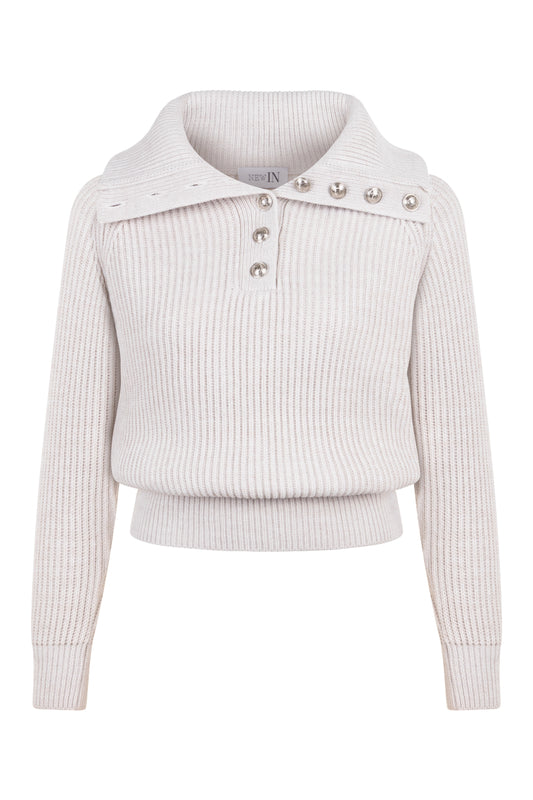 Düğme Detaylı Taş Rengi Kazak