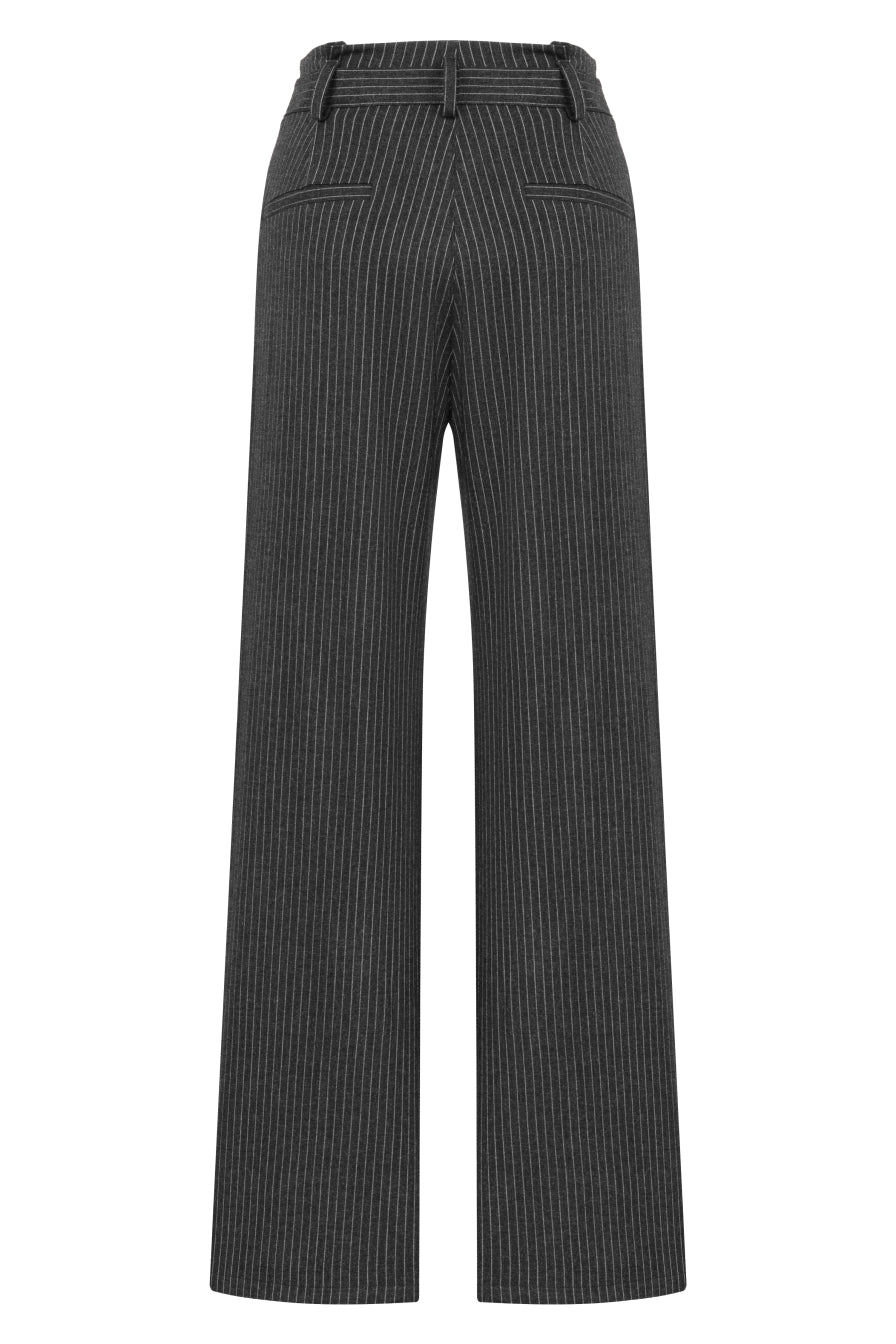 Gri Çizgili Kemerli Pantolon