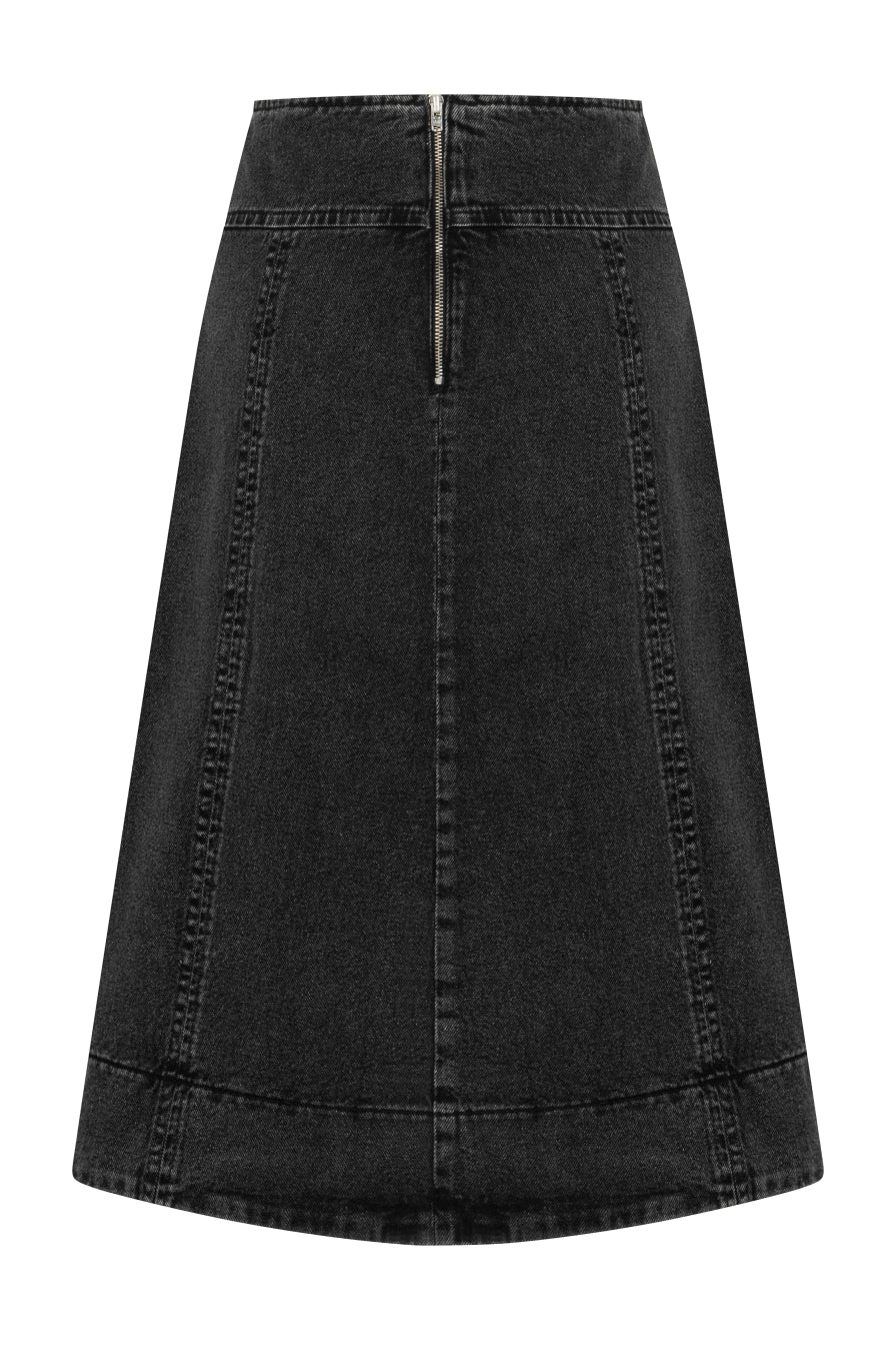 Taş Düğmeli Antrasit Denim Midi Etek