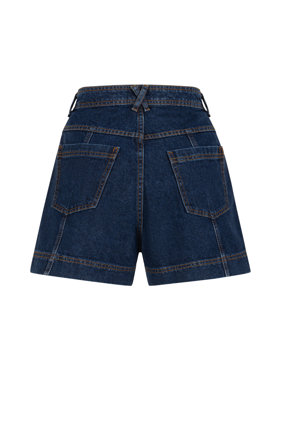 Gold Düğmeli Lacivert Denim Şort