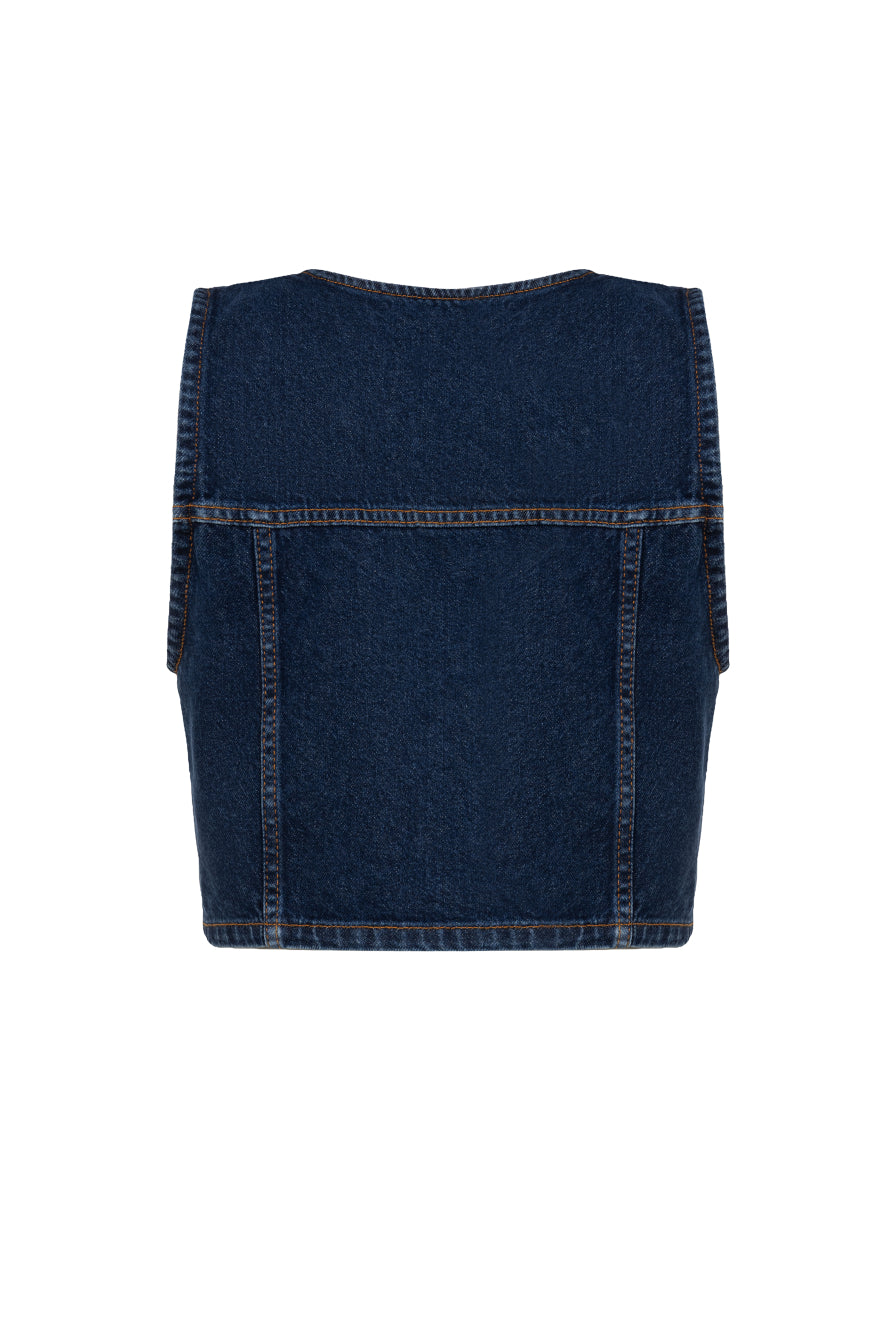 Gold Düğmeli Lacivert Denim Yelek