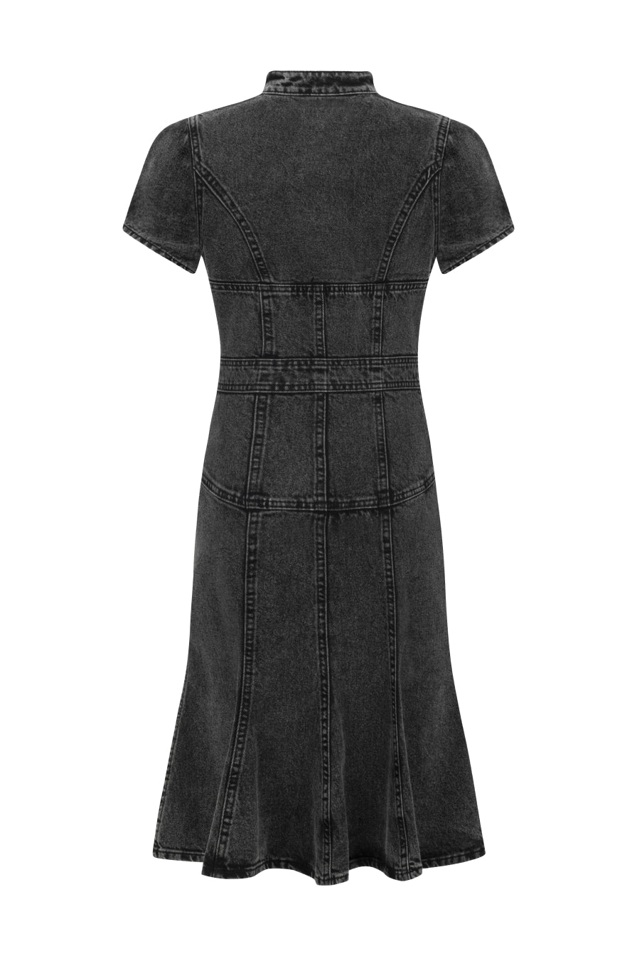 Önden Fermuarlı Antrasit Denim Midi Elbise