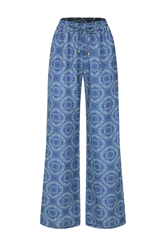 Mavi Desenli Beli Büzgülü Pantolon