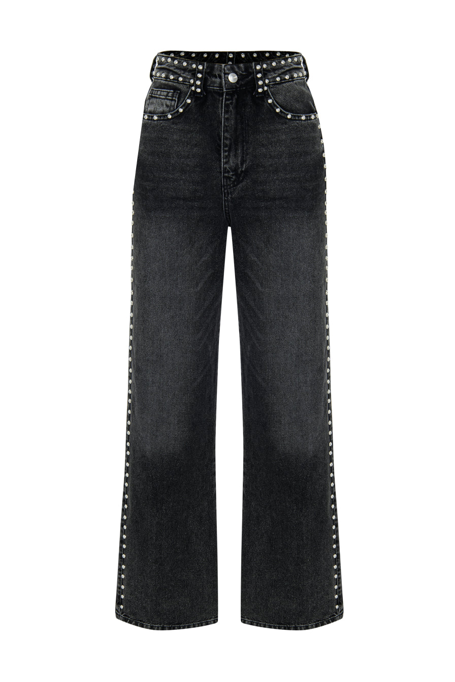 Droplu Siyah Taşlanmış Denim Pantolon
