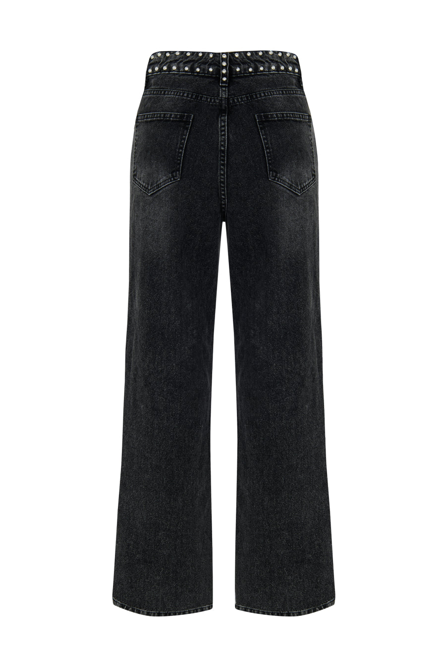 Droplu Siyah Taşlanmış Denim Pantolon
