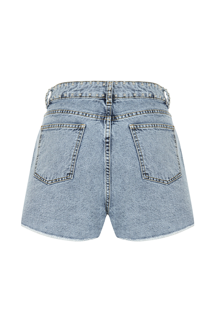 Droplu Buz Mavisi Denim Şort