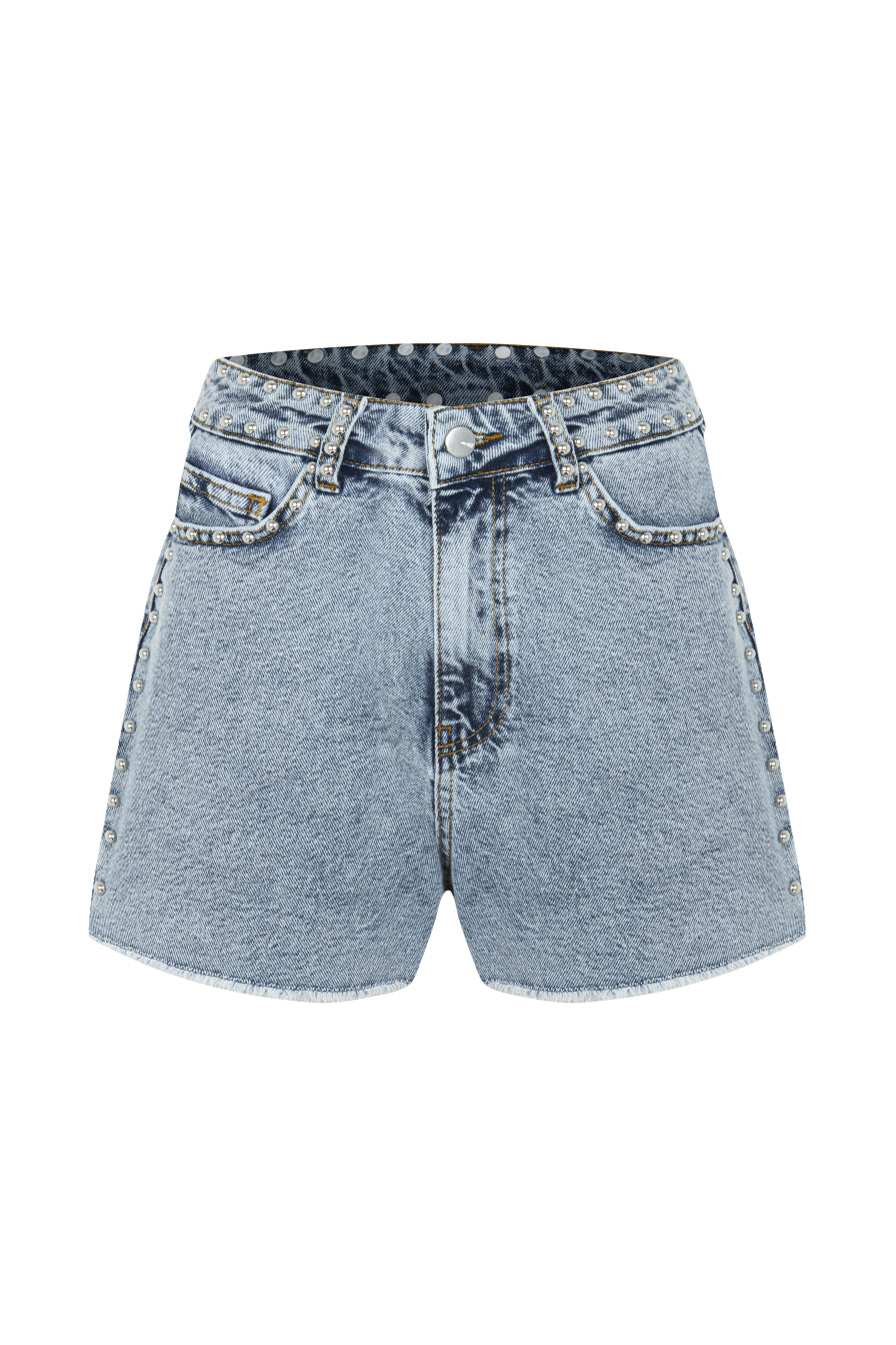 Droplu Buz Mavisi Denim Şort