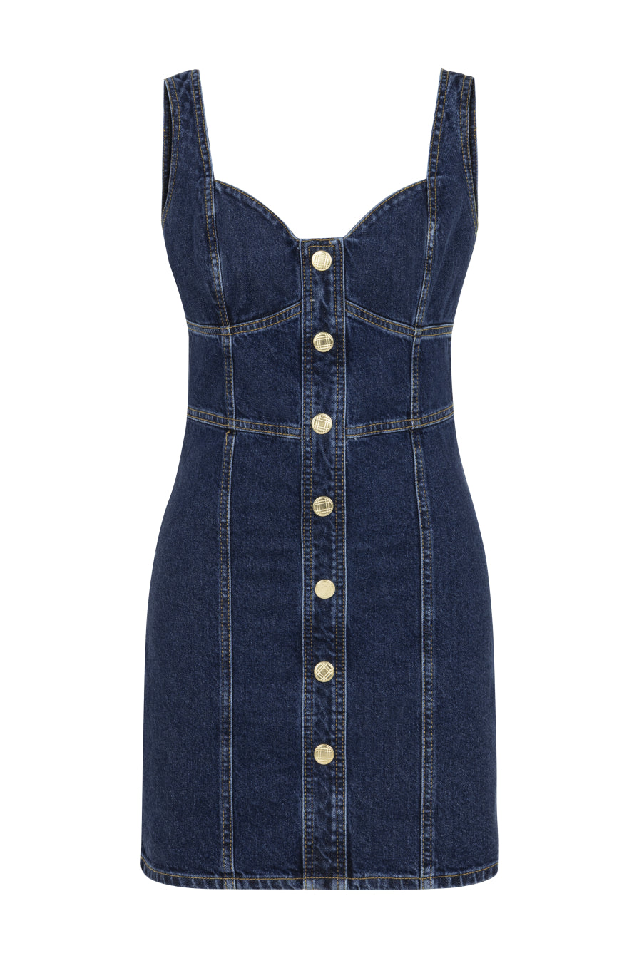Düğme Detaylı Lacivert Denim Mini Elbise