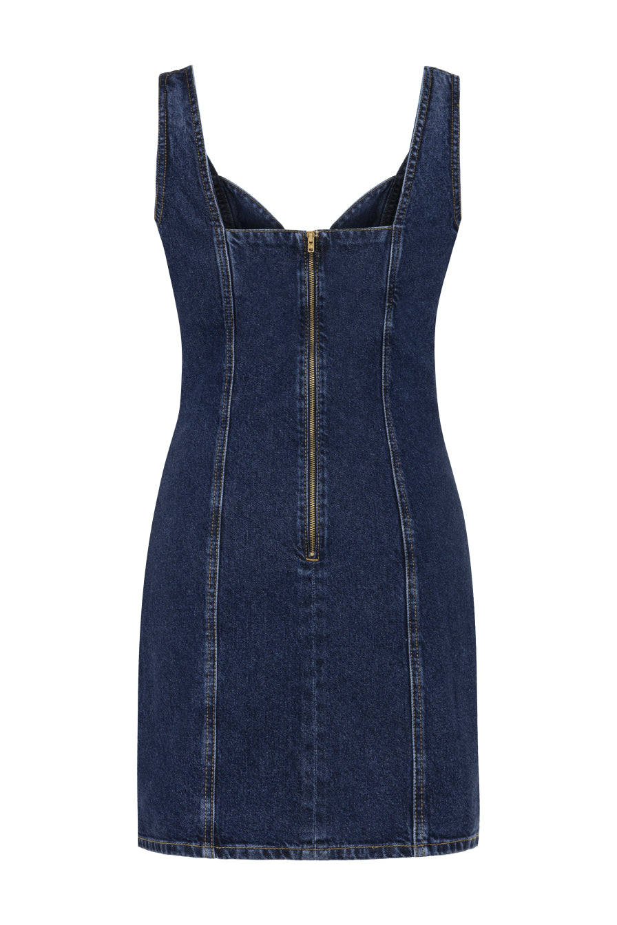 Düğme Detaylı Lacivert Denim Mini Elbise
