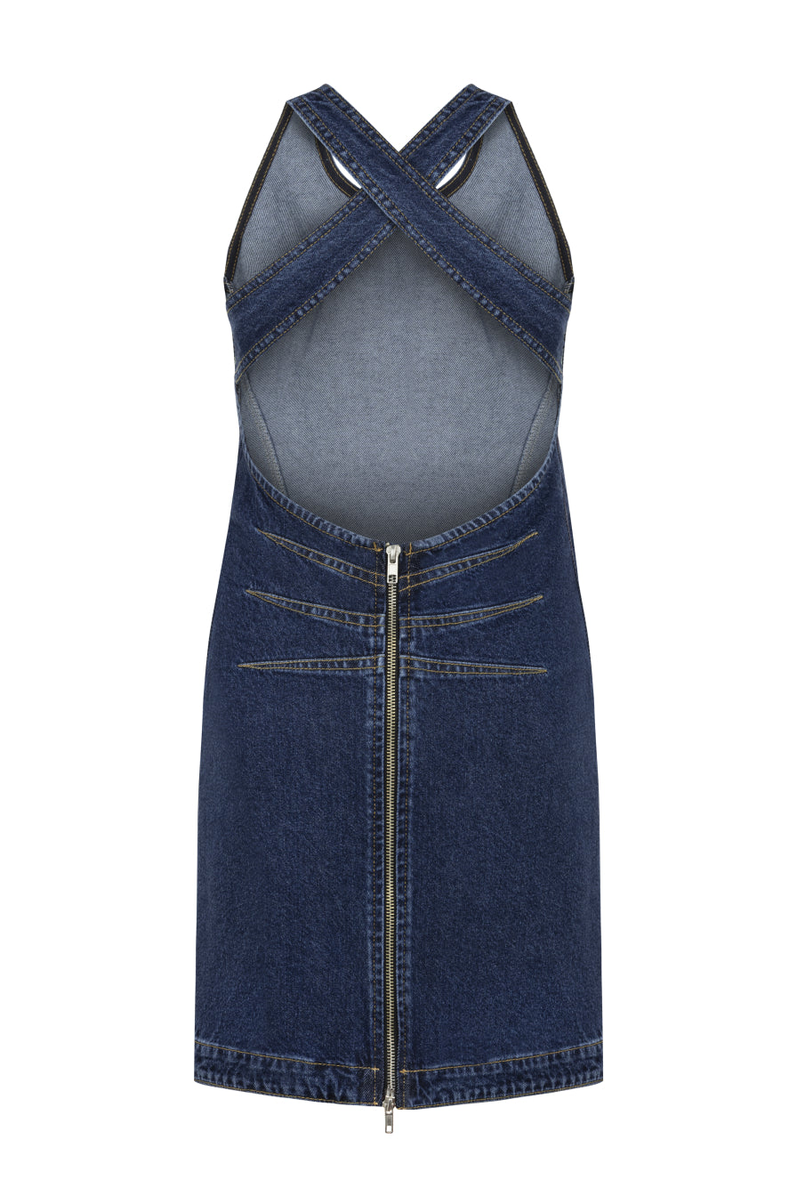 Sırt Dekolteli Lacivert Denim Mini Elbise