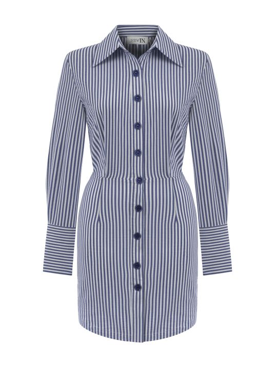 Mavi Çizgili Önden Düğmeli Gömlek Elbise