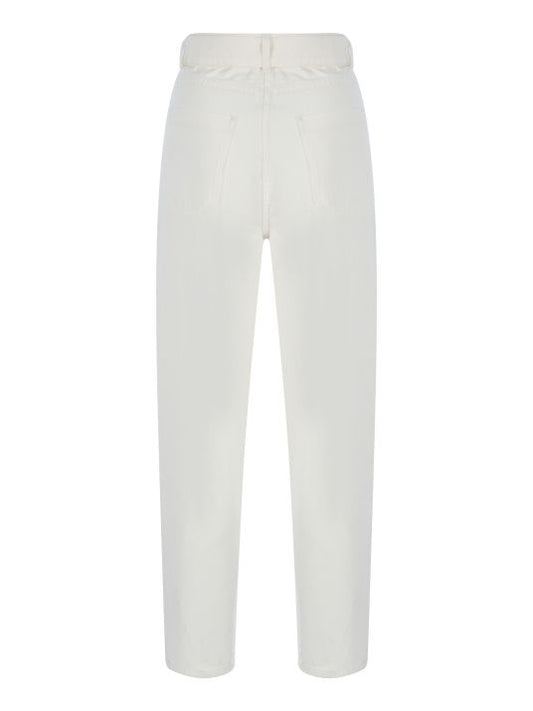 Yüksek Bel Paça Detaylı Beyaz Denim Pantolon