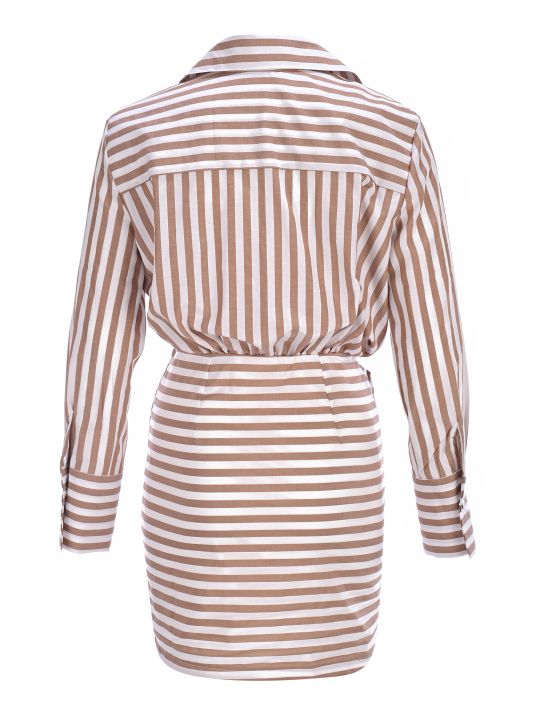 Gömlek Formlu Kahverengi Çizgili Mini Elbise