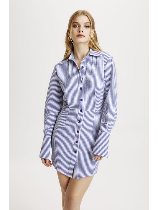 Mavi Çizgili Önden Düğmeli Gömlek Elbise