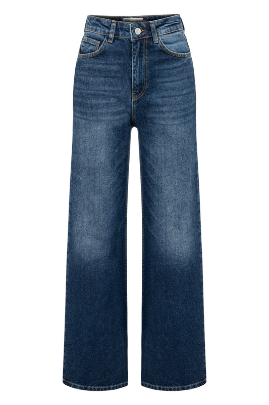 Yüksek Bel Taşlanmış Lacivert Denim Pantolon