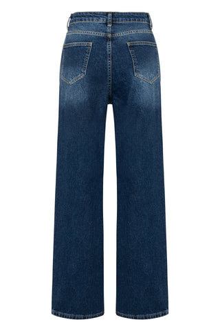 Şeritli Taşlanmış Lacivert Denim Pantolon