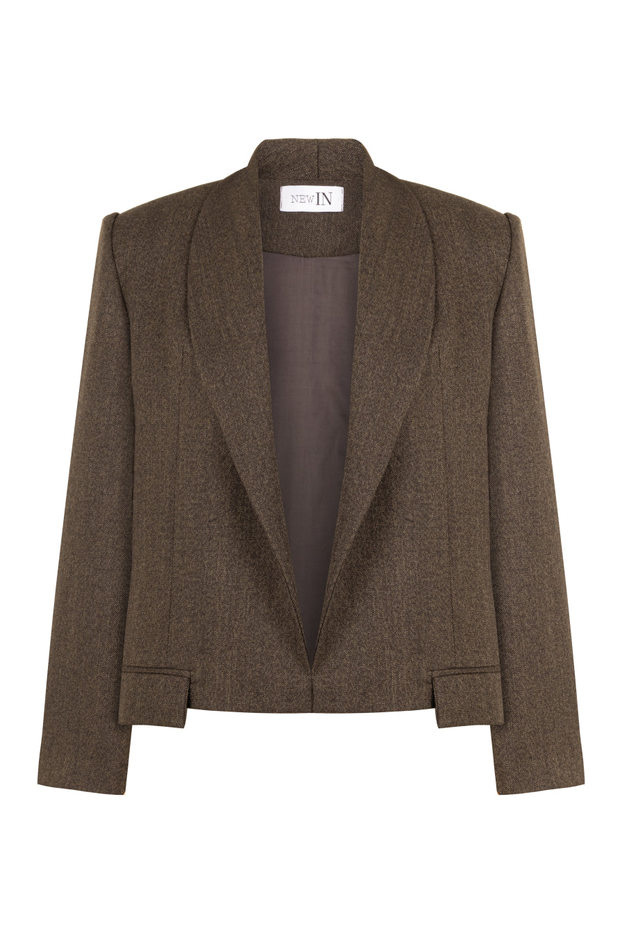 Kahverengi Cep Detaylı Crop Yünlü Ceket