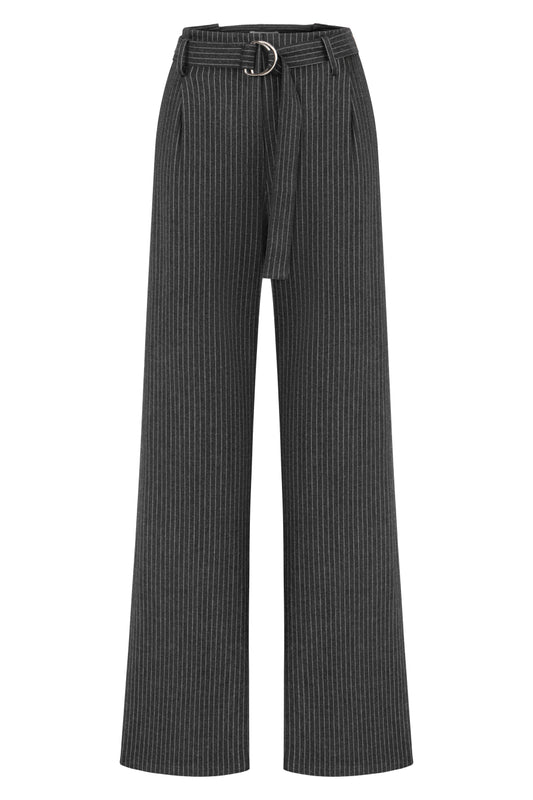 Gri Çizgili Kemerli Pantolon