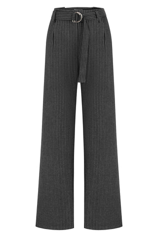 Gri Çizgili Kemerli Pantolon