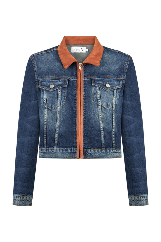 Şeritli Taşlanmış Lacivert Denim Ceket