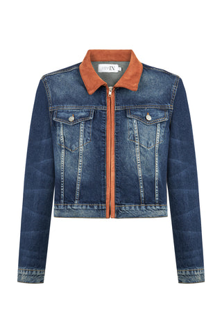 Şeritli Taşlanmış Lacivert Denim Ceket