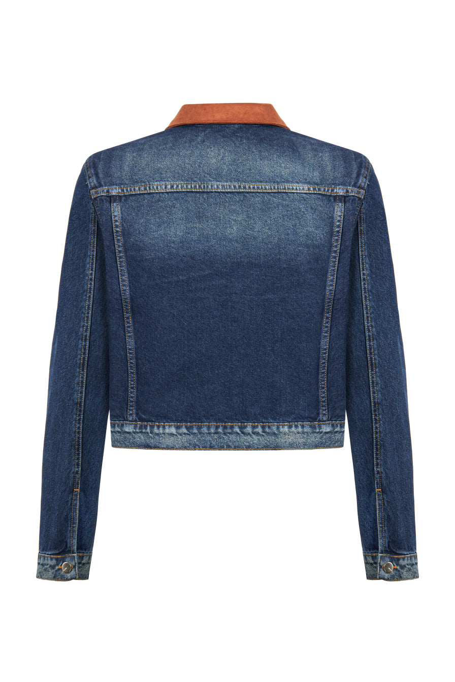 Şeritli Taşlanmış Lacivert Denim Ceket