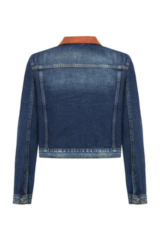 Şeritli Taşlanmış Lacivert Denim Ceket