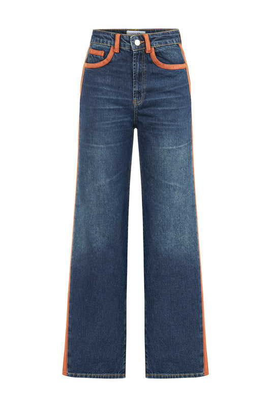 Şeritli Taşlanmış Lacivert Denim Pantolon