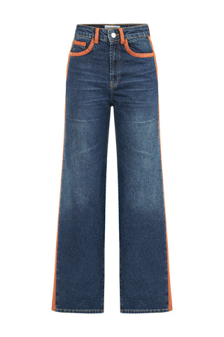 Şeritli Taşlanmış Lacivert Denim Pantolon