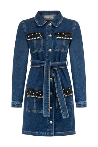 Cepleri Taş İşlemeli Denim Elbise