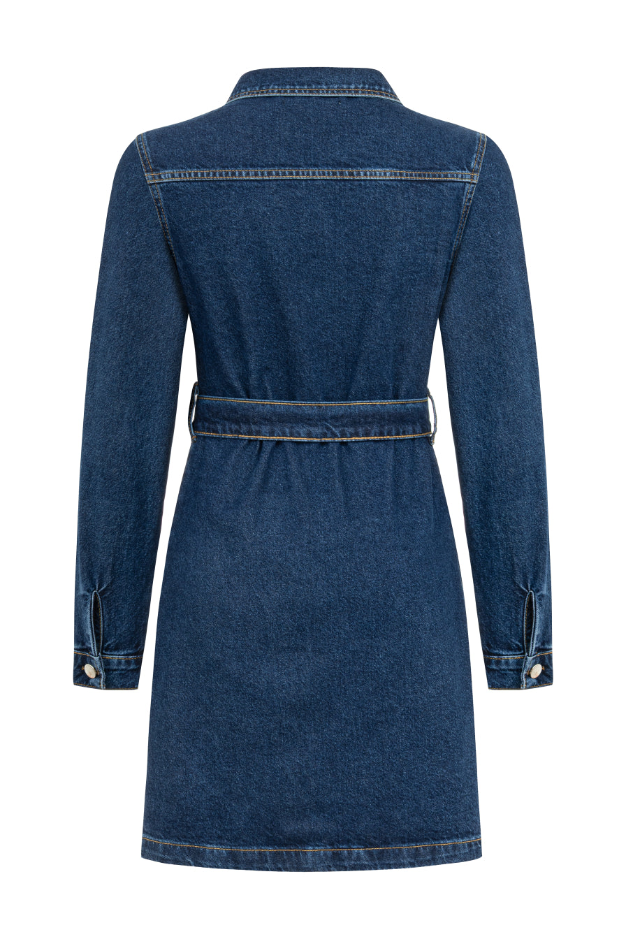 Cepleri Taş İşlemeli Denim Elbise