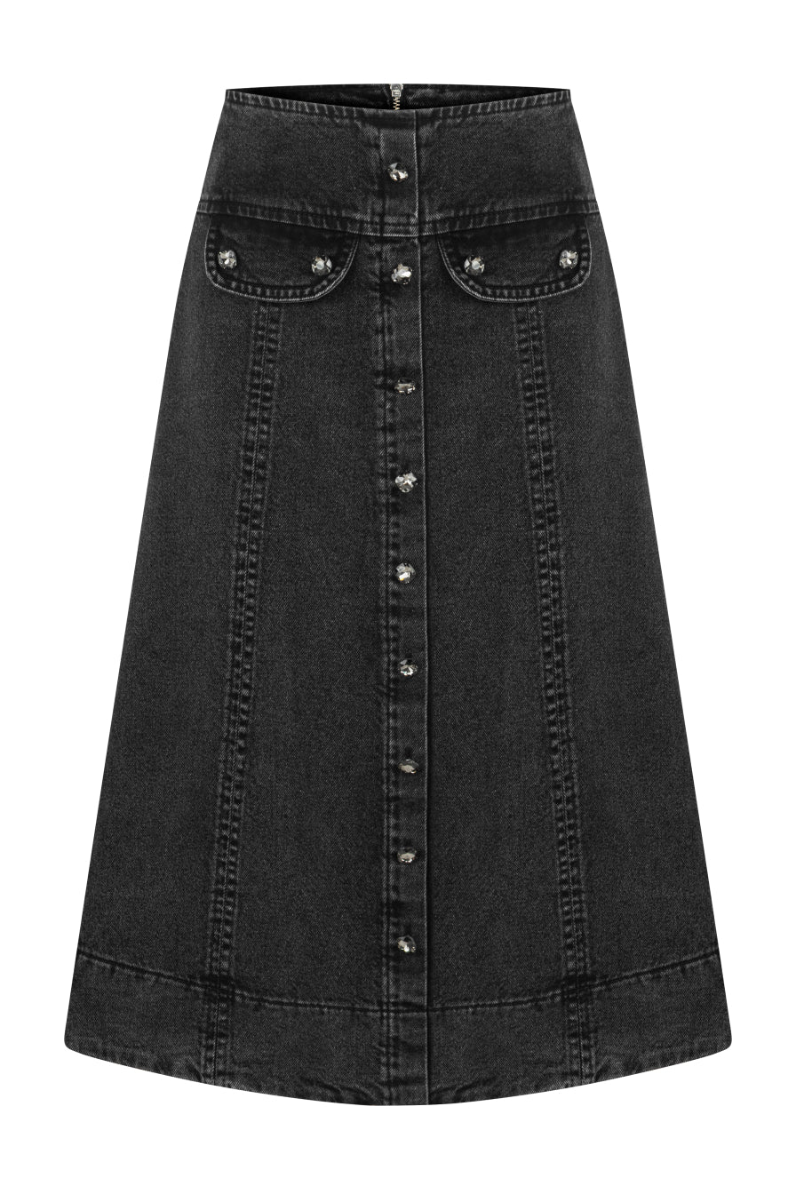 Taş Düğmeli Antrasit Denim Midi Etek