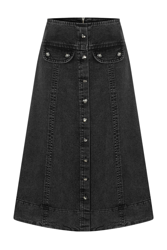 Taş Düğmeli Antrasit Denim Midi Etek