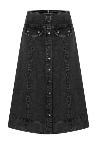 Taş Düğmeli Antrasit Denim Midi Etek