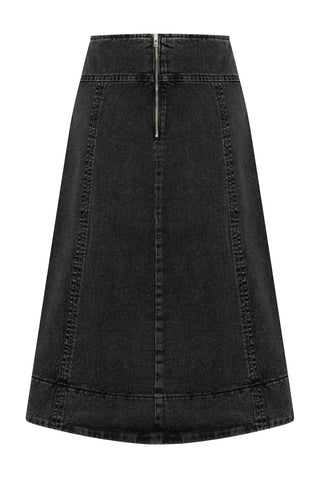 Taş Düğmeli Antrasit Denim Midi Etek