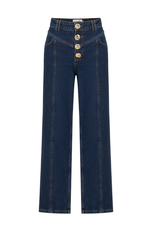 Gold Düğmeli Lacivert Denim Pantolon