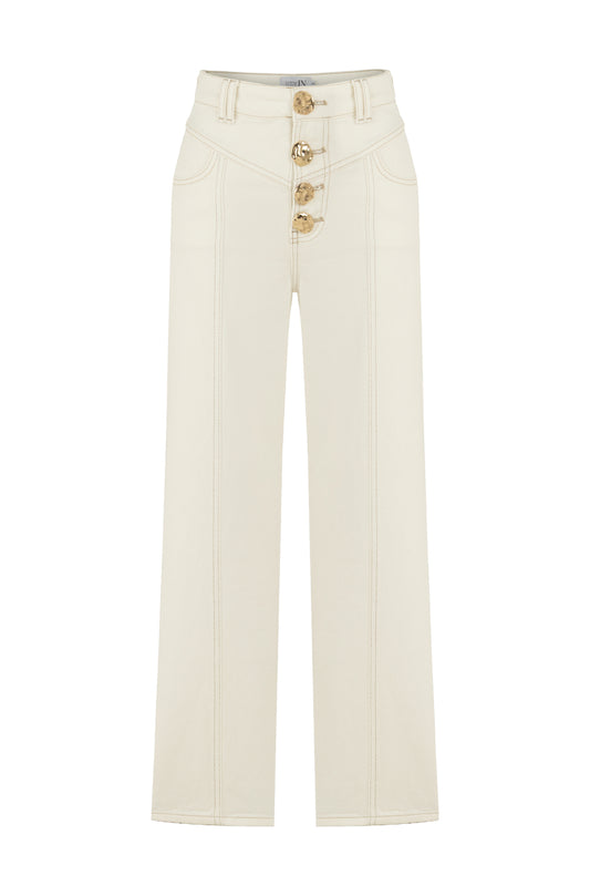Gold Düğmeli Beyaz Denim Pantolon