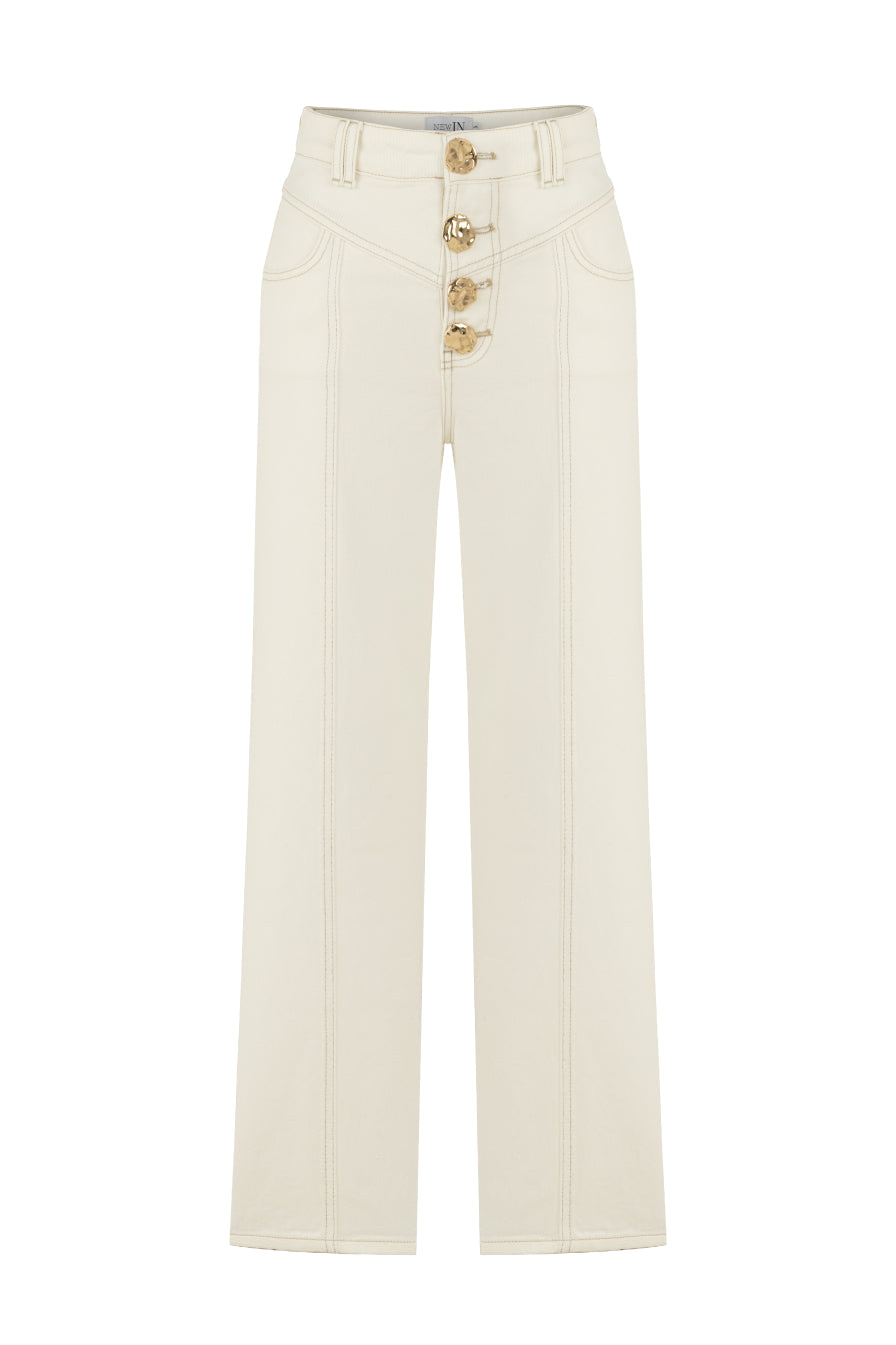 Gold Düğmeli Beyaz Denim Pantolon
