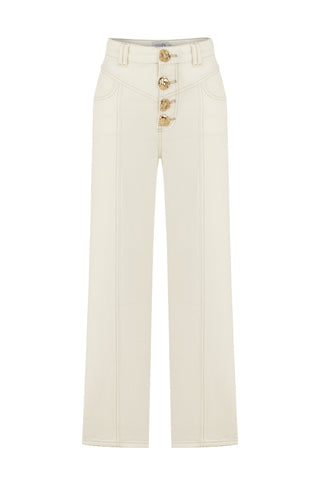 Gold Düğmeli Beyaz Denim Pantolon