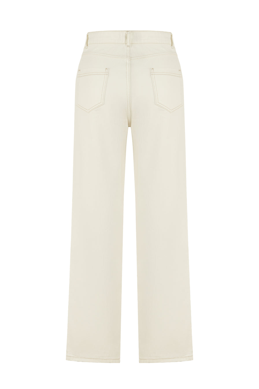 Gold Düğmeli Beyaz Denim Pantolon