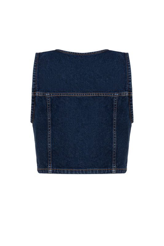 Gold Düğmeli Lacivert Denim Yelek