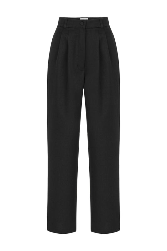 Yüksek Bel Pileli Siyah Pantolon