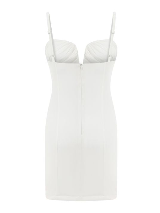 İp Askılı Göğüsü Drapeli Beyaz Mini Elbise