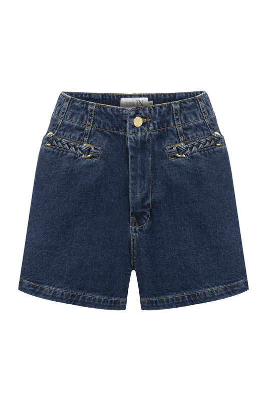 Cebi Örgü Detaylı Lacivert Denim Şort