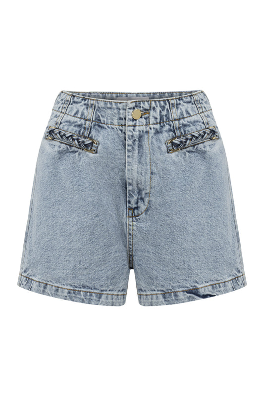 Cebi Örgü Detaylı Buz Mavisi Denim Şort