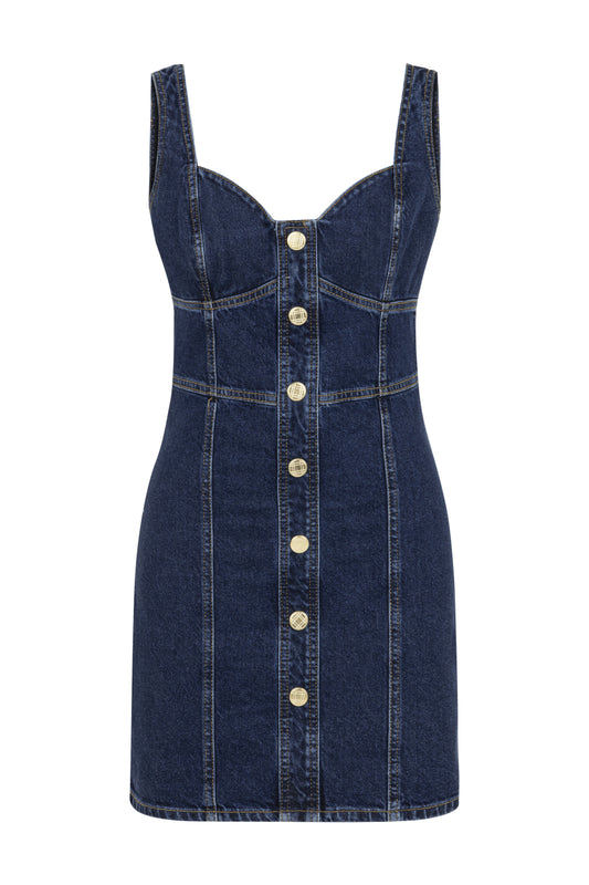 Düğme Detaylı Lacivert Denim Mini Elbise