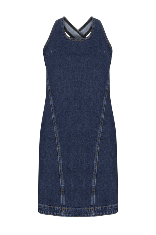 Sırt Dekolteli Lacivert Denim Mini Elbise